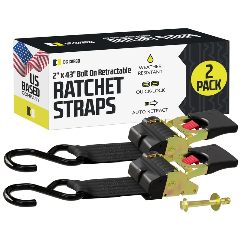 Quick n Easy AutoRetract Strap Cargo Tie Downs | Retractable 2" x 43" Bolt-on Ratchet Straps w/S Hook for Trailers & Pickups