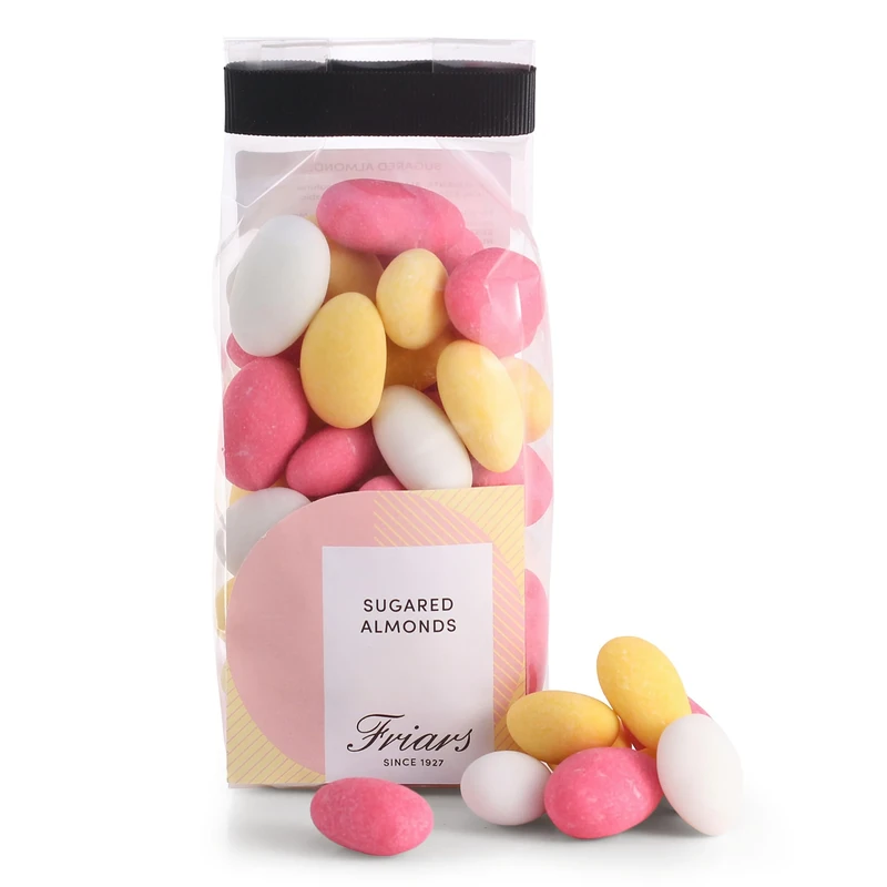 Friars Sugared Almonds Gift Bag - 250g | Whole Crunchy Almonds Covered in Pink, White & Yellow Sweet Sugar Coating | Fine Sugar Covered Confectionery | Thank You, Housewarming & Congratulations Gift