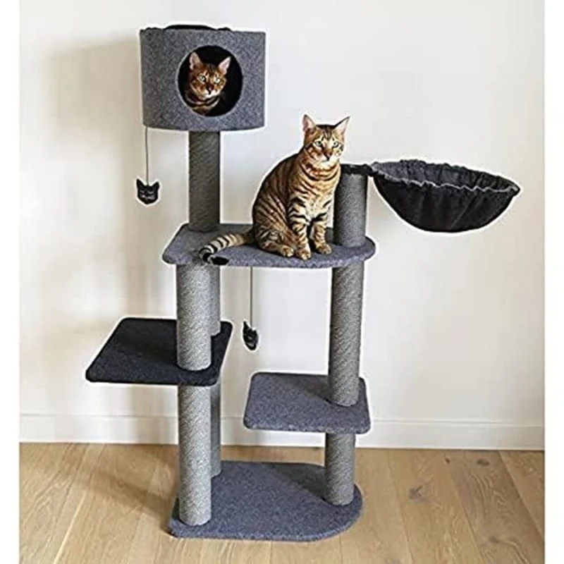 Rosewood Charcoal Felt Triple Tower Cat Tree, 1.38m Tall Premium Scratching Tree with Multiple Levels, Resting & Climbing Areas, Includes 2 Hanging Catnip Toys