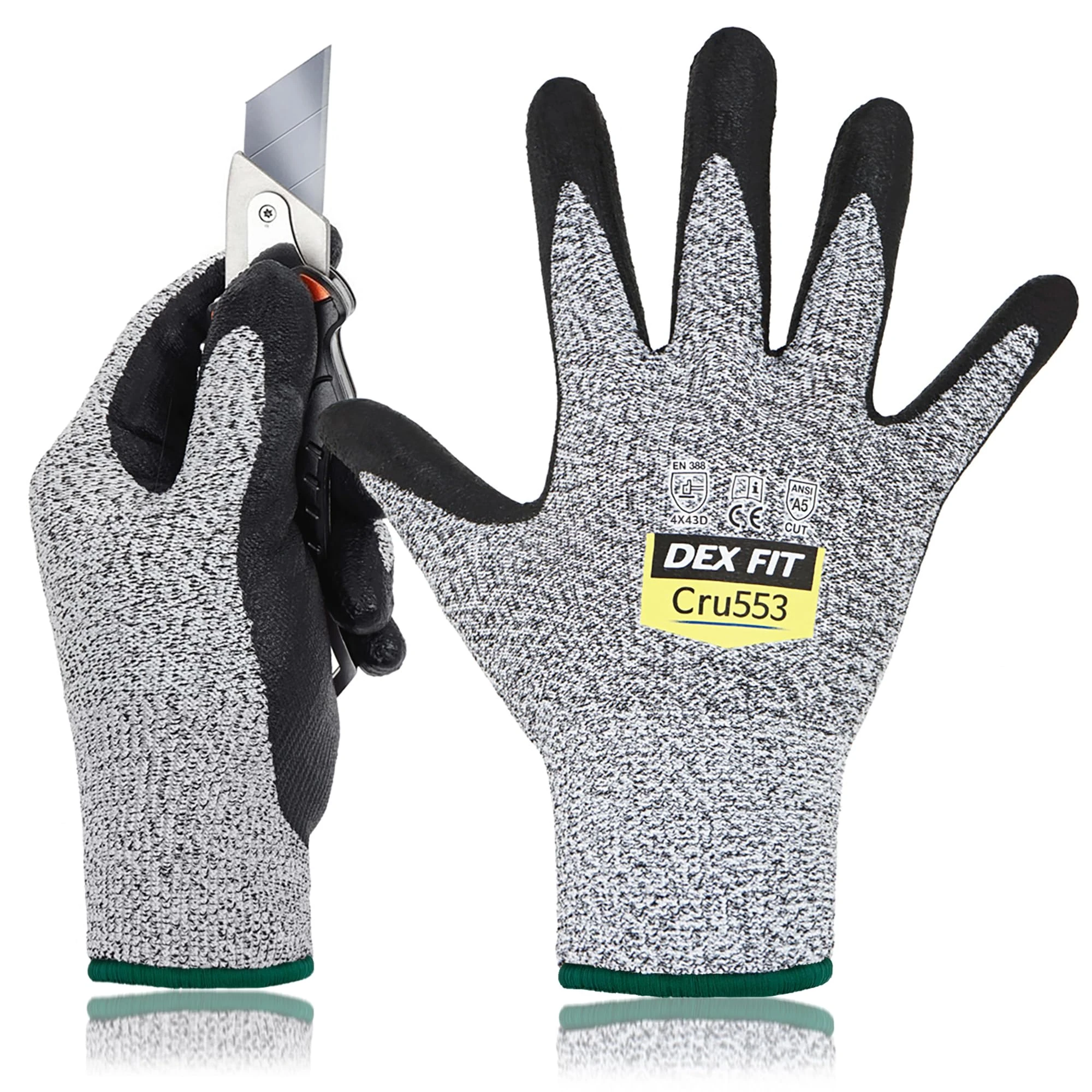 DEX FIT Level 5 Cut Resistant Gloves Cru553, 3D-Comfort Stretchy Fit, Power Grip, Professional Grade, Thin, Touch-Screen Compatible, Durable, Machine Washable, Itch-Free, Grey 8 (M) 3 Pairs