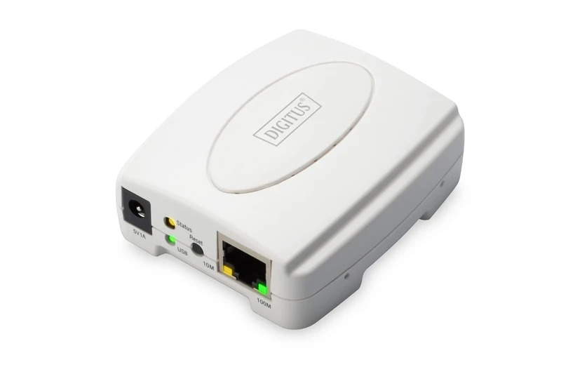 DIGITUS Fast Ethernet print server with USB 2.0, 1x RJ45, 1x USB A, print server, DHCP capable, TCP/IP, easy installation, incl. power supply, white