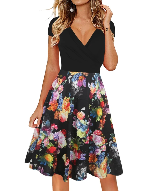 oxiuly Women's Casual Dresses Criss-Cross V-Neck Floral Flare Midi Summer Dress OX233, Black Rose, M
