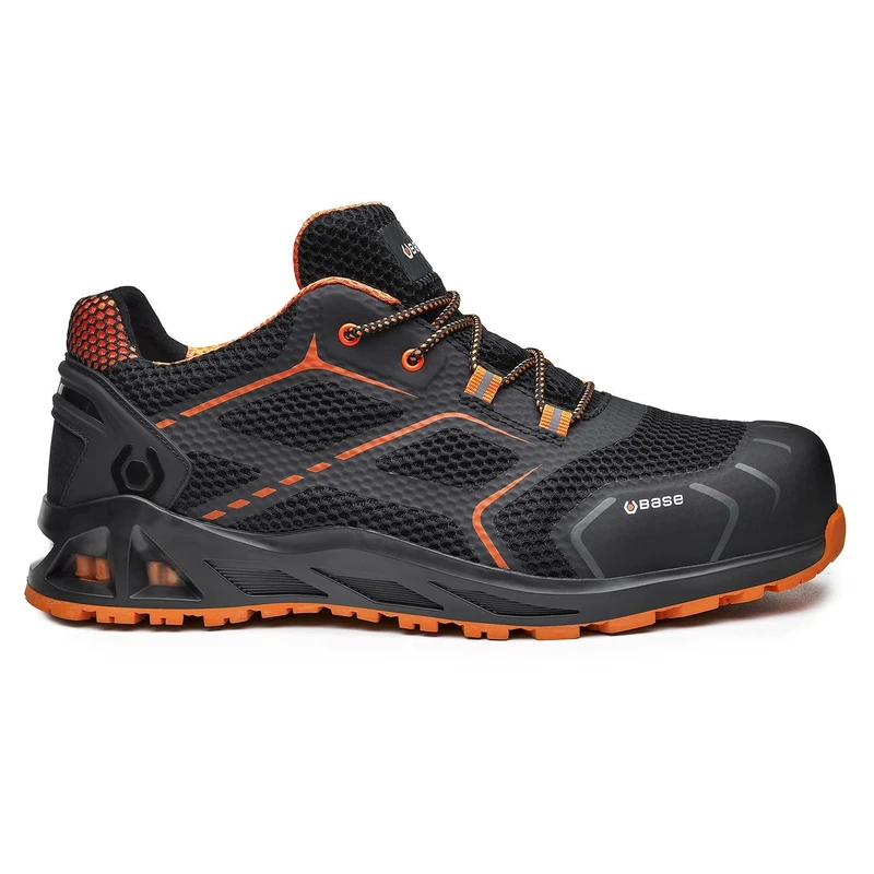 BASE K-STEP B1004A S1P HRO SRC Aluminium Toe i-daptive Sole Dry’n Air Footbed SmellStop Ballistic Midsole Seamless Safety Trainer, Black/Orange, UK 11