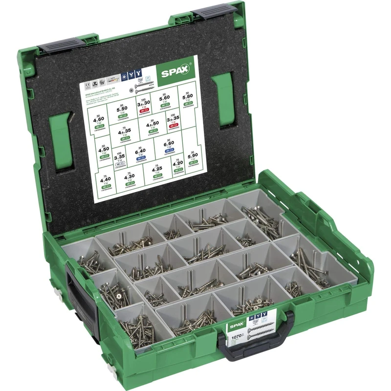 SPAX L-BOXX 5000009165019 Mounting Case Large Stainless Steel A2 T-Star Plus Countersunk Head 17 Dimensions 1070 Pieces Includes SPAX BITs