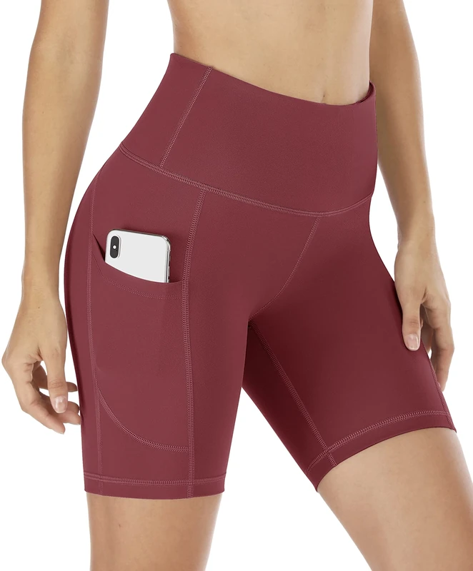 IUGA Gym Shorts for Women High Waisted Tummy Control Cycling Shorts Women with Pockets Workout Sport Yoga Running Shorts Maroon