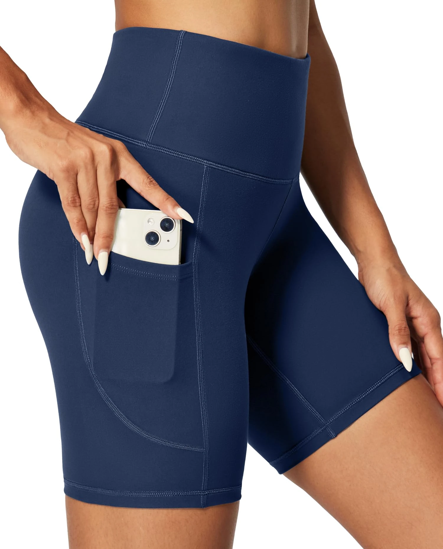 IUGA Gym Shorts for Women High Waisted Tummy Control Cycling Shorts Women with Pockets Workout Sport Yoga Running Shorts Navy Blue