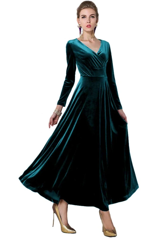 Urban CoCo Women Long Sleeve V-Neck Velvet Stretchy Long Dress, Blue, XXL