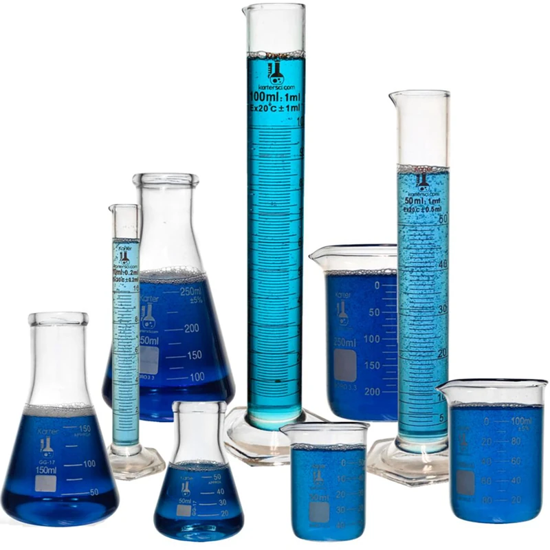 Karter Scientific Beaker, Flask, Cylinder Set, 3.3 Boro. Glass - 9 Pieces - Beaker Set, Flask Set, and Graduated Cylinder Set, 233N2