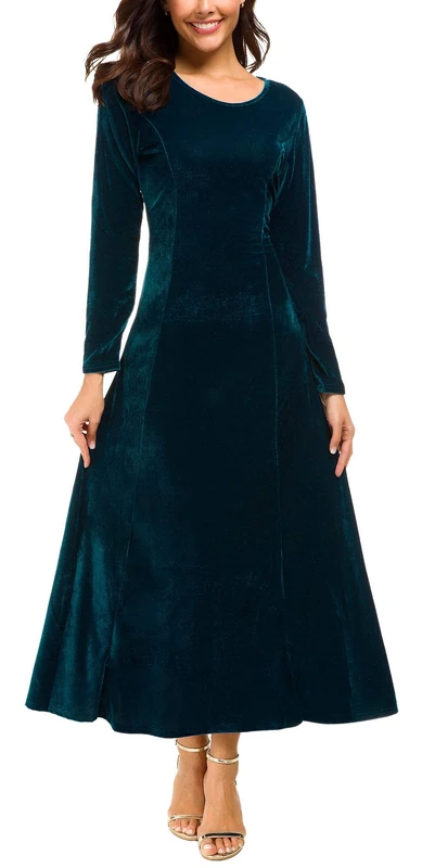 Urban CoCo Women's Elegant Long Sleeve Ruched Velvet Stretchy Long Dress - Blue - Large - Image 1