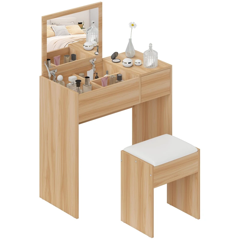 HOMCOM Dressing Table with Flip-Up Mirror and Cushioned Stool, Makeup Vanity Desk with Hidden Compartments and Storage Drawer, Convertible Writing Table for Bedroom, Natural