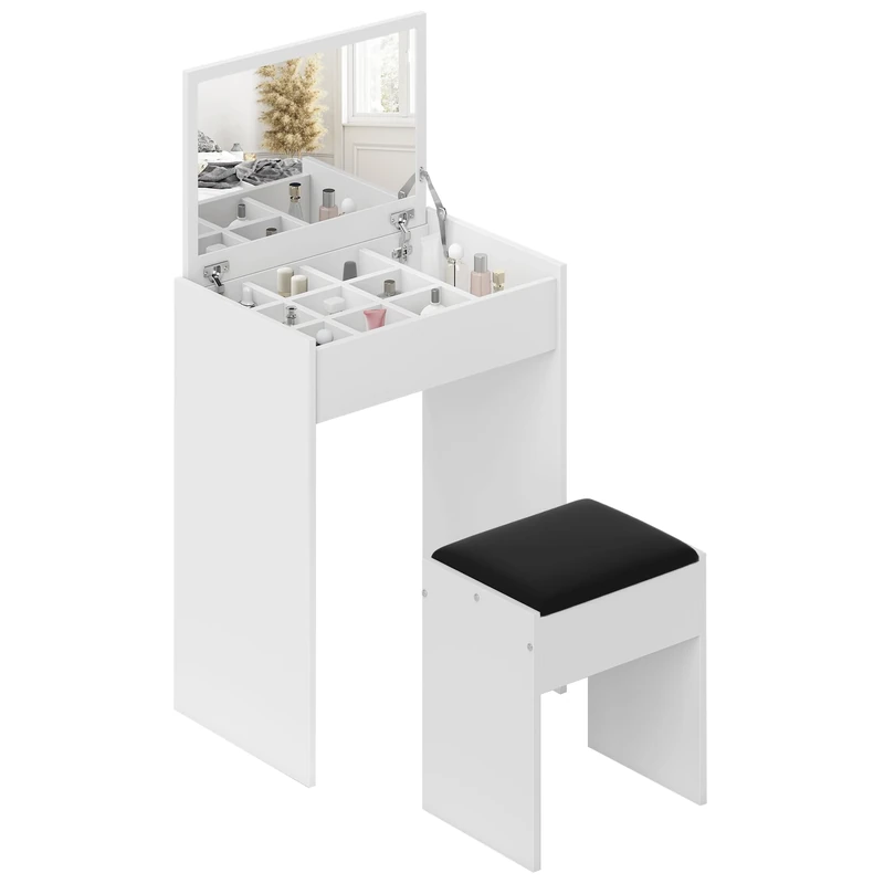 HOMCOM Dressing Table with Mirror and Stool, Vanity Makeup Table with Flip Up Mirror, Vanity Desk with Storage Unit and Padded Seat, White - Image 1