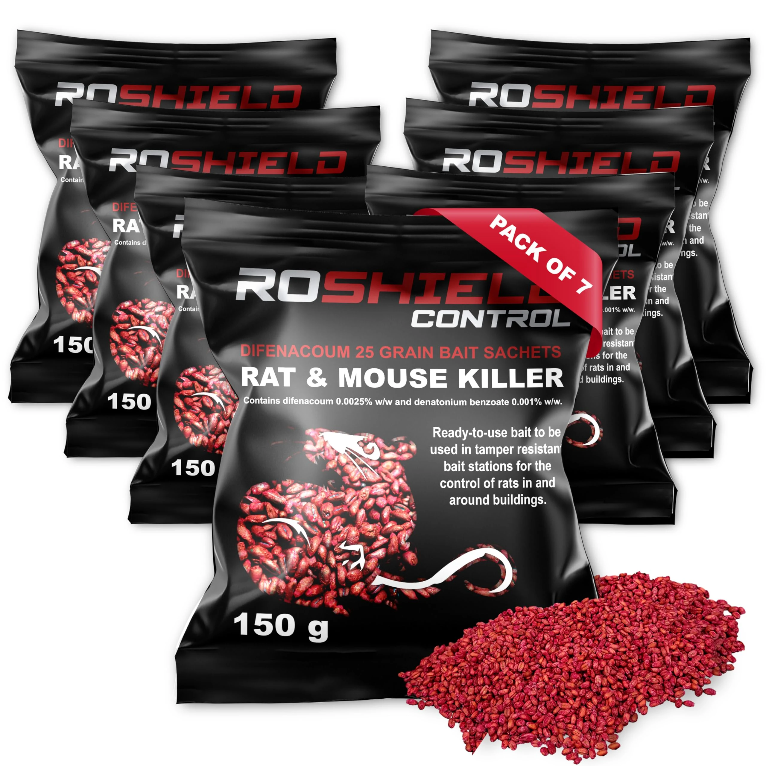 ROSHIELD 1KG Rat & Mouse Rodent Poison Killer Control & Treatment Kit - Strong Fast Acting Whole Wheat Grain Bait Sachets (7 x 150g Packs)