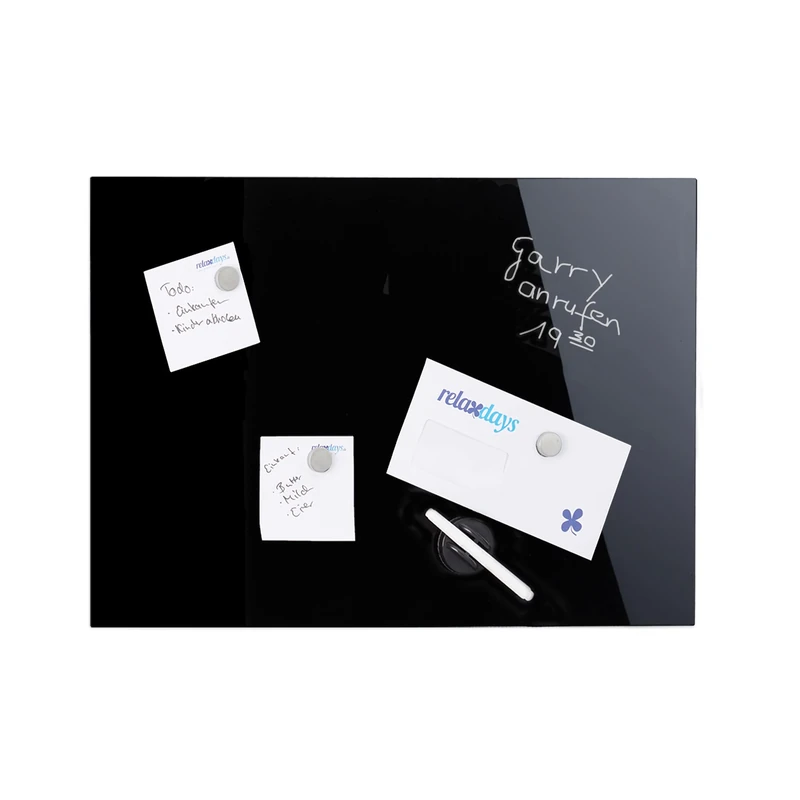 Relaxdays Glass Magnetic Dry Erase Memo Board, Writable, 3 Magnets, Safety Glass Magnet Board 100 x 60 cm, Black