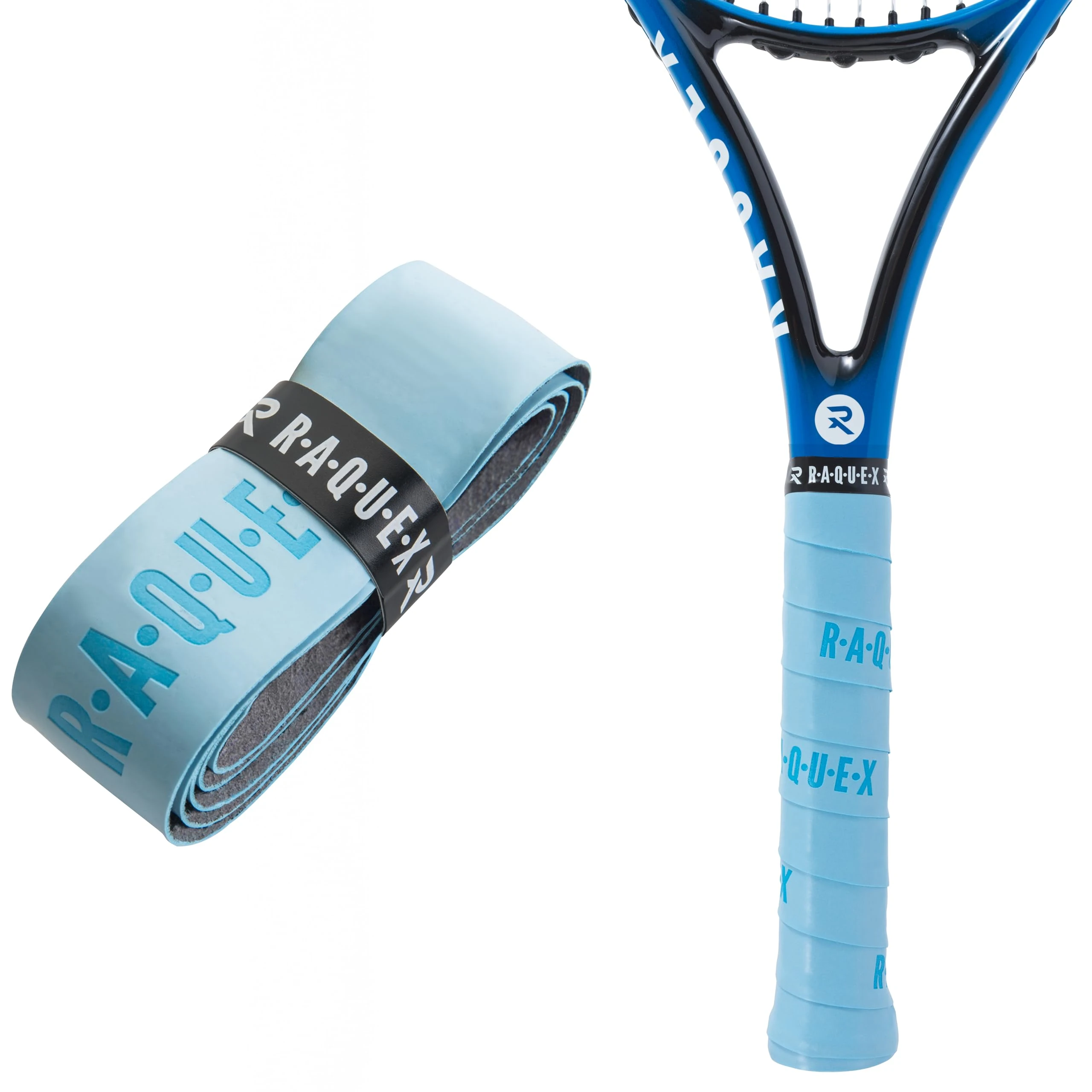 Raquex Enhance Replacement Racket Grip: Tennis Grip, Badminton, Squash Grip Tape, Padel, Pickleball. 14 Colours. Premium, Self-Adhesive Tennis Racquet Grip with Finishing Tape (Light Blue, 1 Grip)