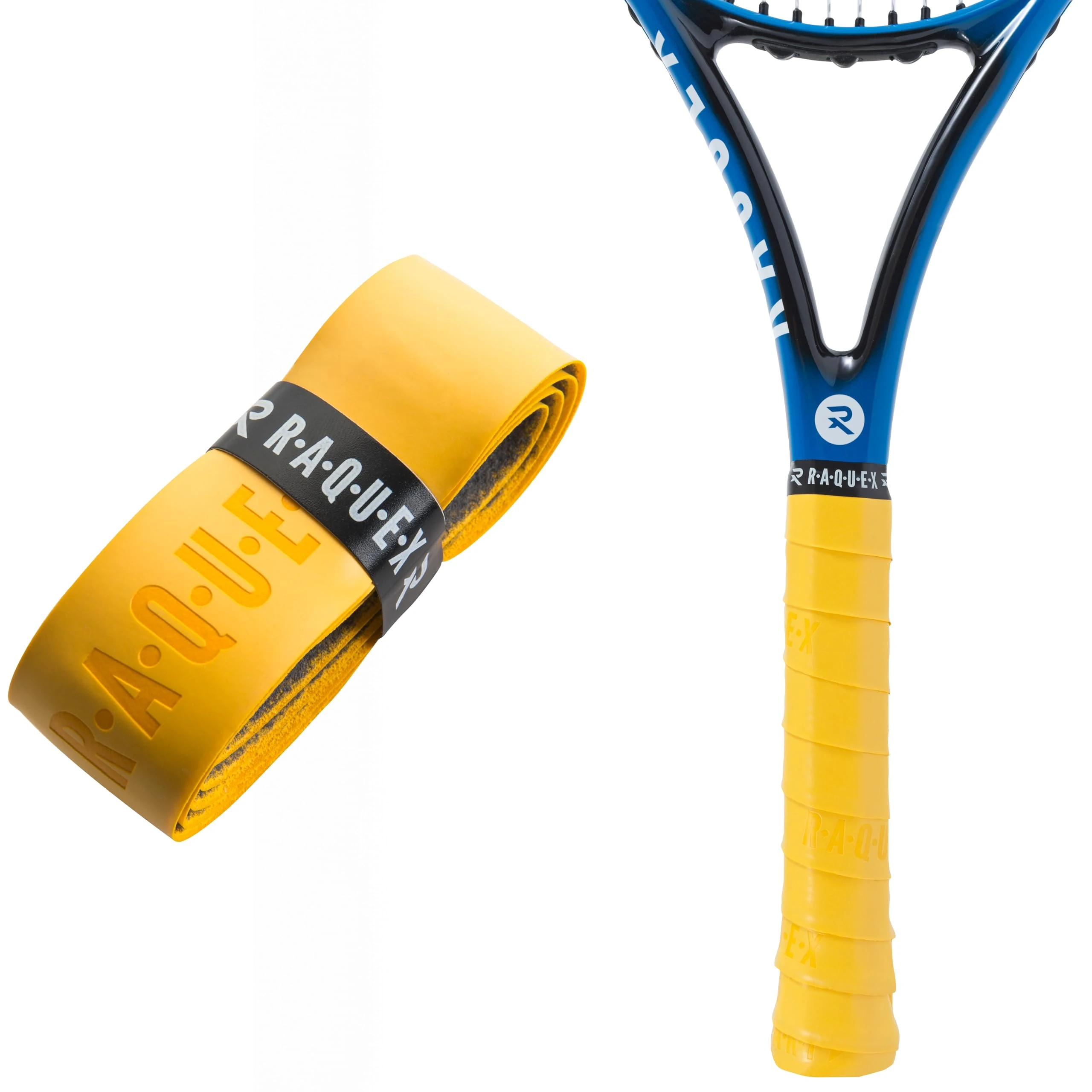 Raquex Enhance Replacement Racket Grip: Tennis Grip, Badminton, Squash Grip Tape, Padel, Pickleball. 14 Colours. Premium, Self-Adhesive Tennis Racquet Grip with Finishing Tape (Deep Yellow, 1 Grip)