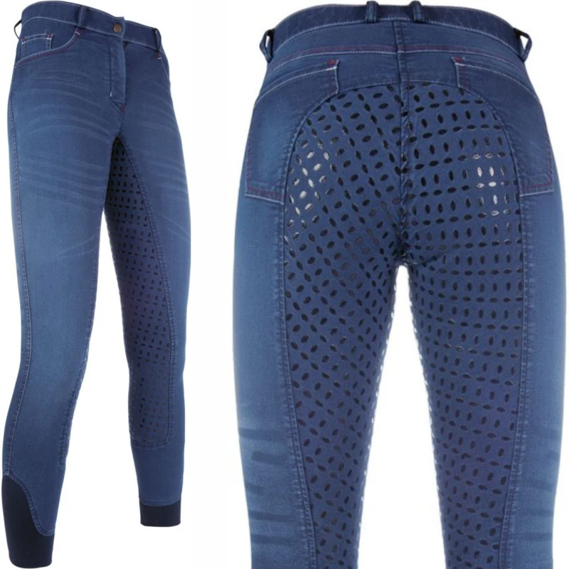 HKM Summer Denim Easy Adult Riding Breeches, 3/4 Silicone Trim, 6100 Trousers, Denim Blue, 80 - Image 1