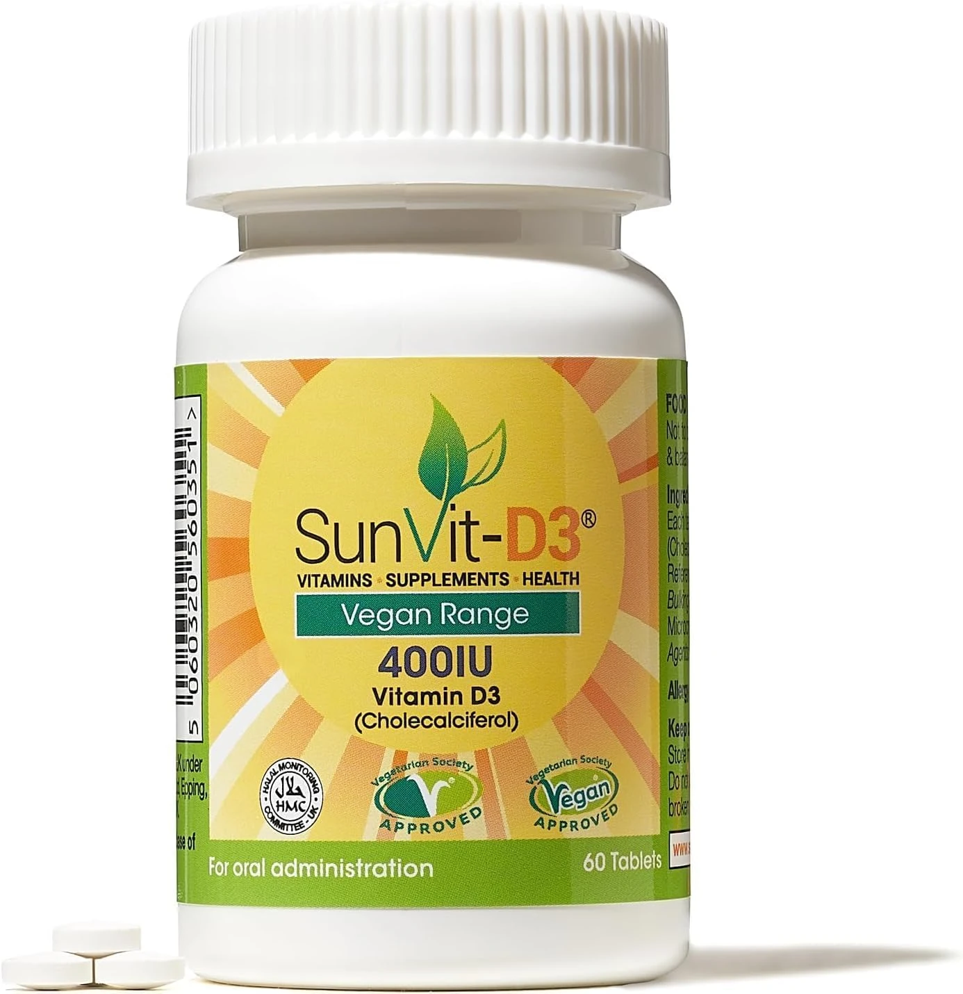 Sunvit-D3 Vitamin D3 400IU - Vegan Vitamin D Tablets Support The Maintenance of Bone, Teeth, Muscle & Immune System | UK Made, GMP Approved, Gluten & Dairy Free - D3 Vitamins Vegan 60 Daily Tablets