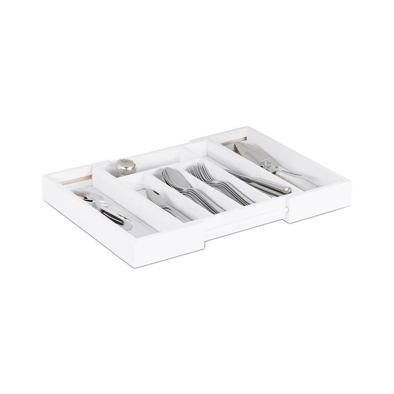 Relaxdays Cutlery Drawer Tray, Extendable, Variable Width, 5 - 7 Compartments, Bamboo Organiser, HWD: 5x48x33.5cm, White