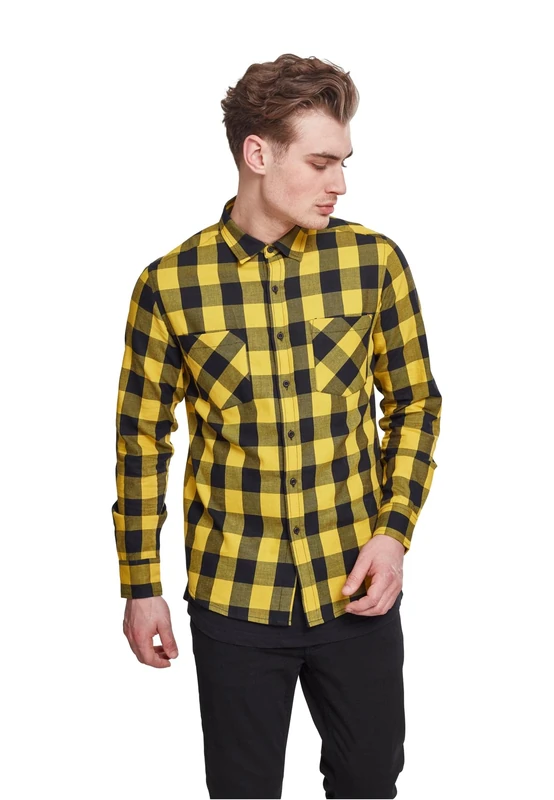 Urban Classics Men's Checked Flannel Shirt Casual Button-Down Shirt, Longsleeve Dress Shirt with Forearm Buttons, Regular Fit, 100% Flannel Yarn blk/honey 3XL