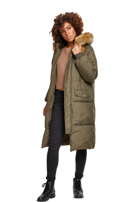 Urban Classics Women's Ladies Oversize Faux Fur Puffer Coat Jacket, Multicolour (Dark Olive/Beige 01481), M UK