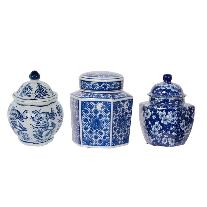 A&B Home Leith Blue-and-White Decorative Jars, Set of Three Classic Vintage/White