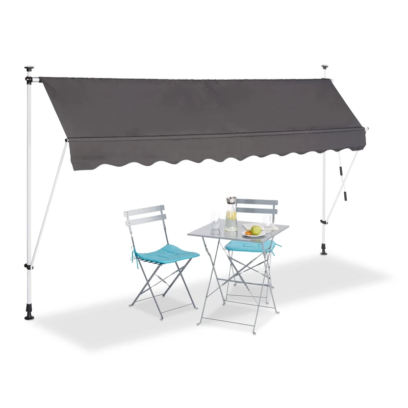 Relaxdays Telescopic Balcony Awning, Hand Crank, Height-Adjustable, UV-Resistant, Polyester and Steel, Grey, 300 x 120 cm