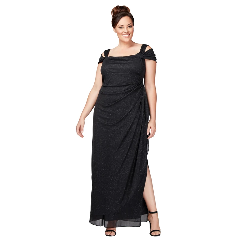 Alex Evenings Women's Long Cold Shoulder Mother of The Bride Dress W/Ruched Skirt, Formal Event, Wedding Guest Gown (Plus Size) Special Occasion, Black Glitter, 18