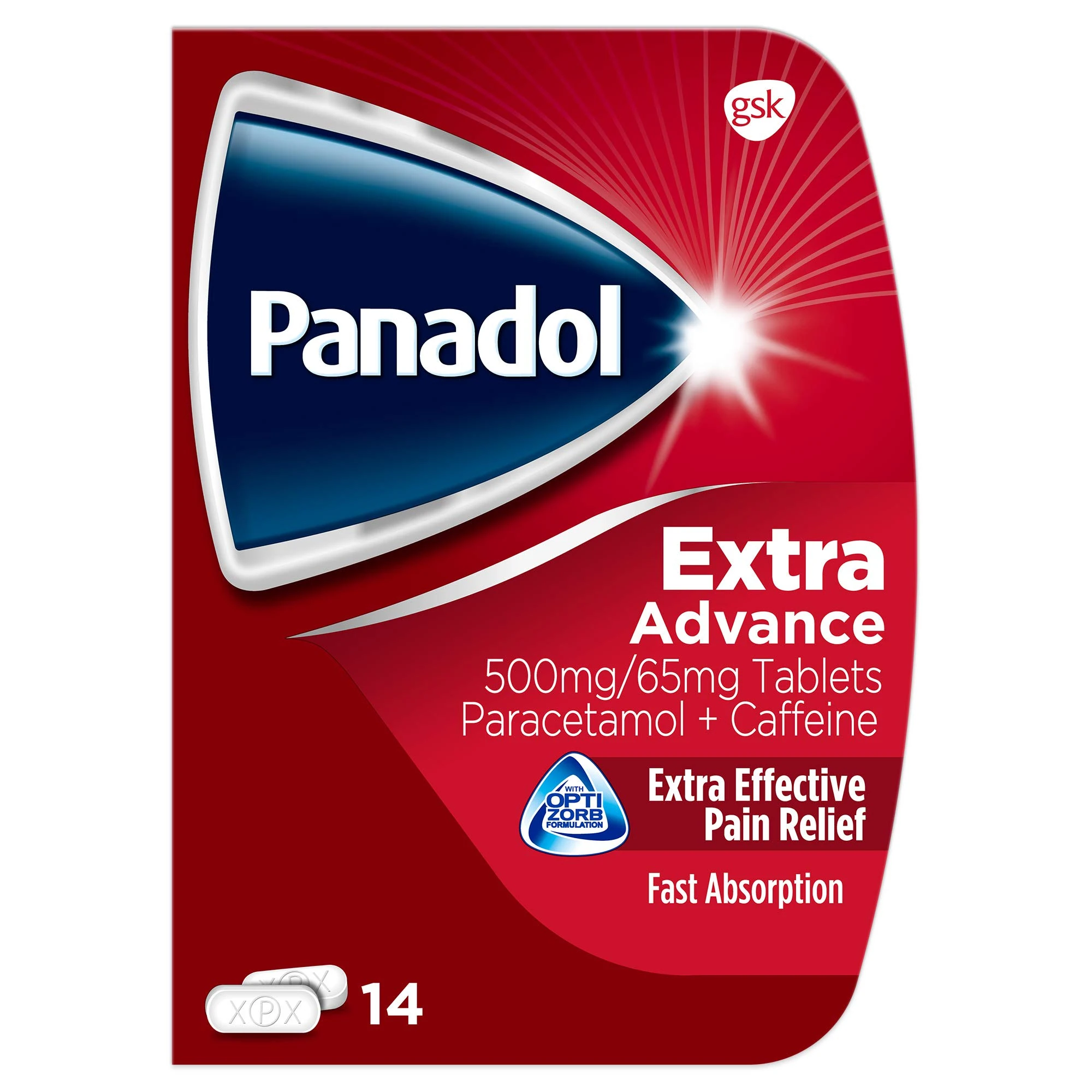Panadol Pain Relief Paracetamol Caffeine Extra Advance Tablets, 14 tablets White