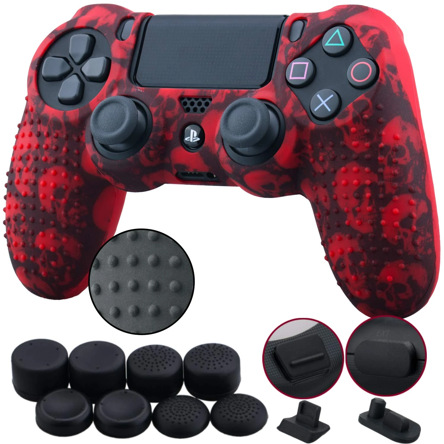 9CDeer 1 Piece of Silicone Studded Water Transfer Protective Sleeve Case Cover Skin + 8 Thumb Grips Analog Caps + 2 dust proof plugs for PS4/Slim/Pro Controller, Skull Red
