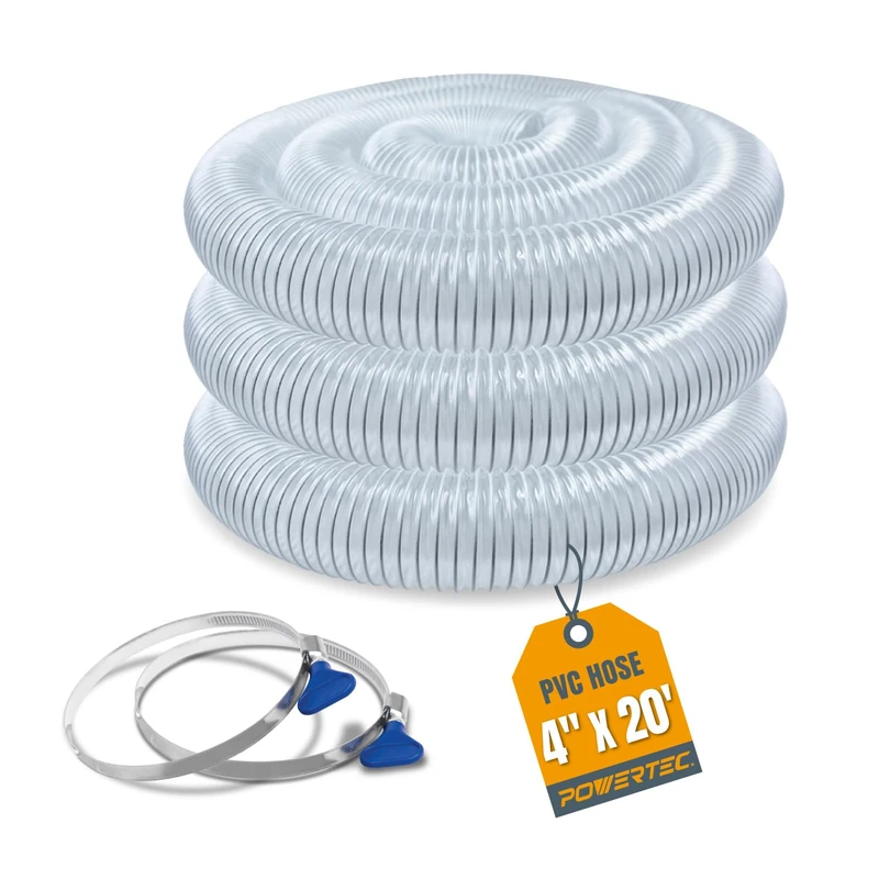 POWERTEC 70244 Heavy Duty 4-Inch x 20-Foot Flexible PVC Dust Collection 2 Key, Clear Color, 4" x20' Hose & Clamps