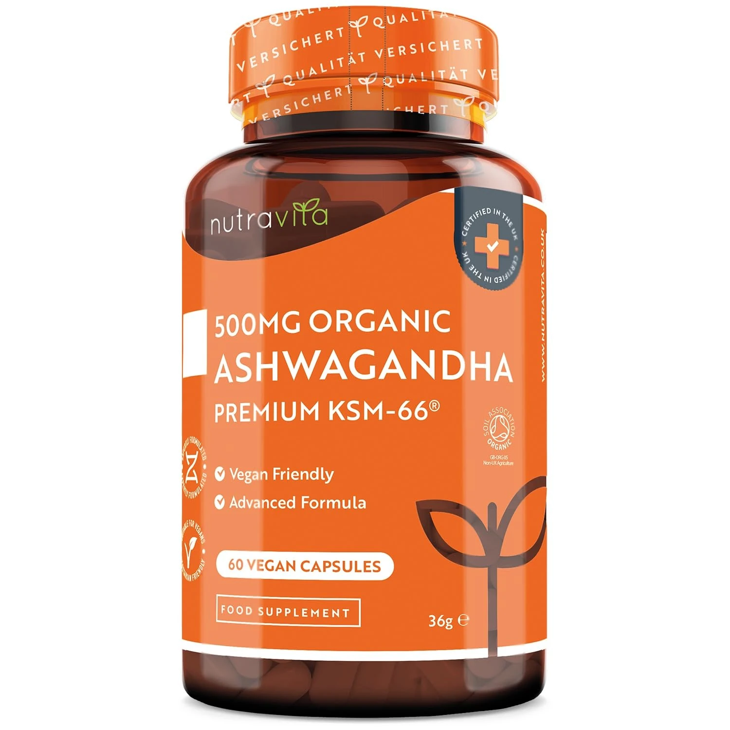Organic Ashwagandha KSM-66® with 5% Withanolides - Vegan Friendly with The Highest Concentration Most Bioavailable Full-Spectrum Root Powder for Immune Support - Made in The UK by Nutravita