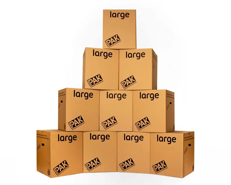 10 StorePAK Strong Boxes with Carry Handles - Suitable for Storage, Shipping, Packing & Moving House (Pack of 10) - 116 Litres - H55cm x W46cm x D46cm - 100% Recycled & Recyclable - LARGE