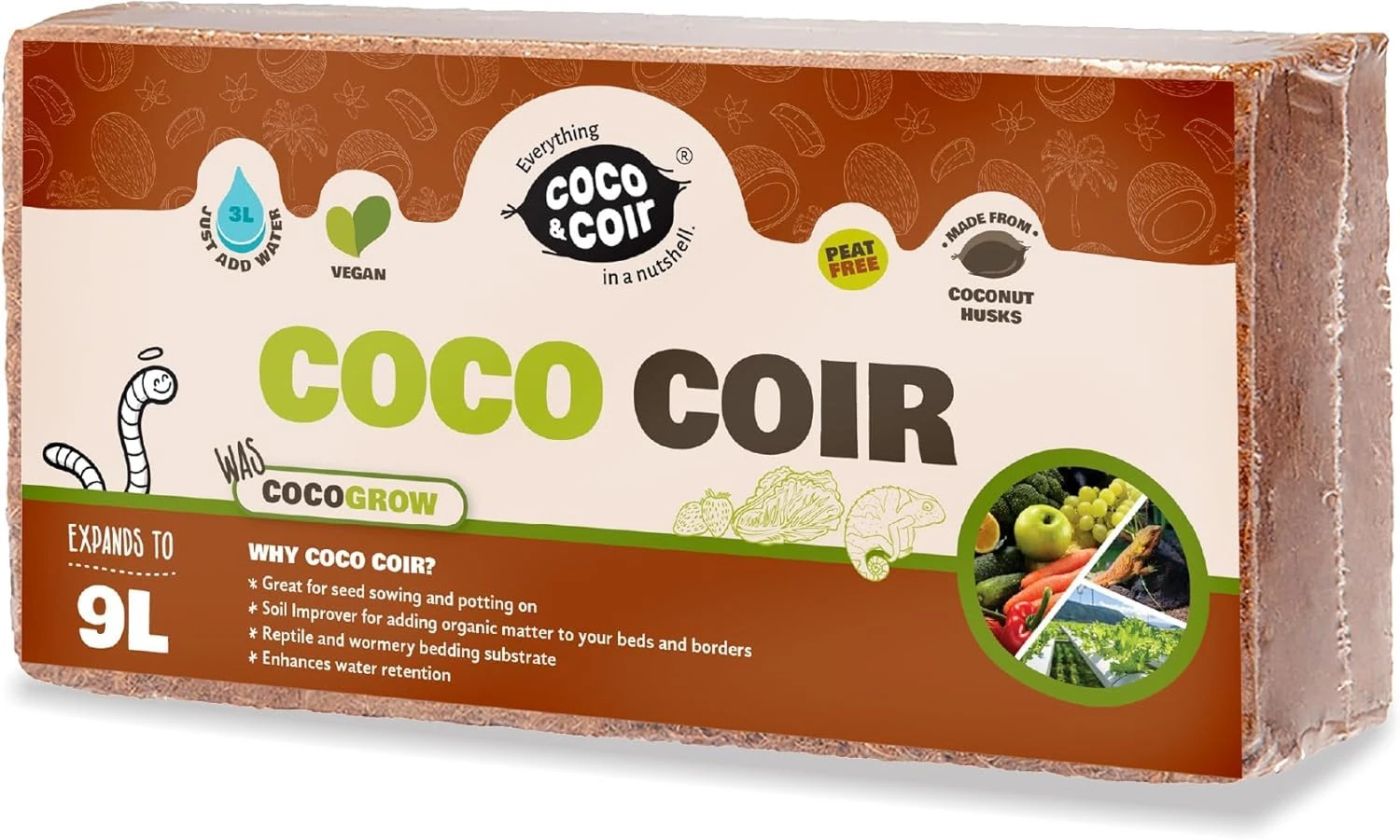 COCO & COIR Coco Soil Coconut Fibre. 100% Natural Organic Coconut Coir Compost Brick - Coco Grow (9L)
