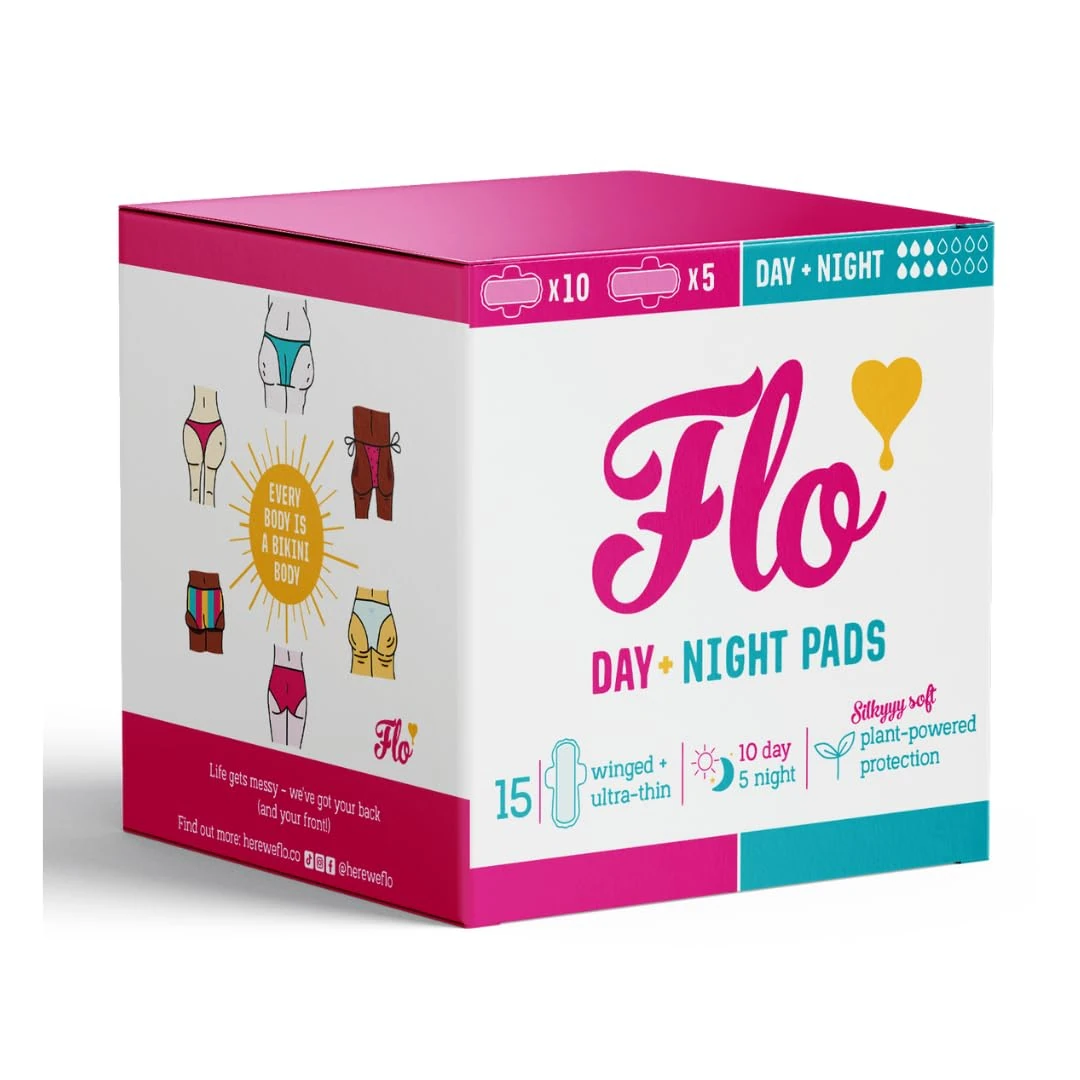 FLO - Day + Night Menstrual Pads (10 Day + 5 Night) - Winged + Ultra Thin - Natural, Absorbent, Soft & Breathable - Organic Bamboo Period Pads for Women - Plant Based - Vegan & Cruelty Free
