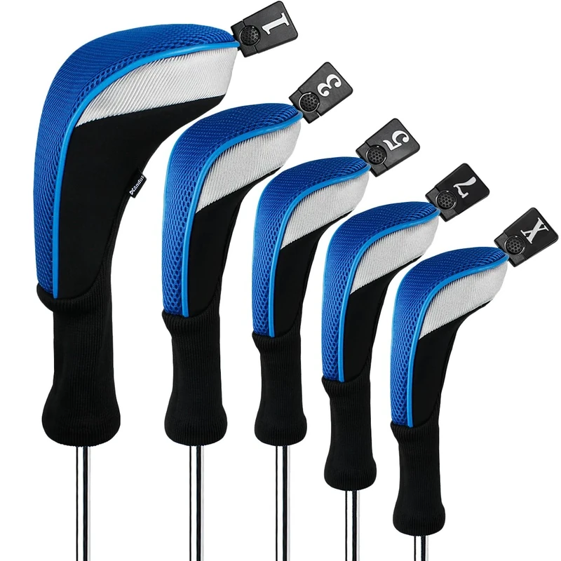 Andux 5pcs/Set Golf 460cc Driver Fairway Wood Club Head Covers Long Neck Black/Blue