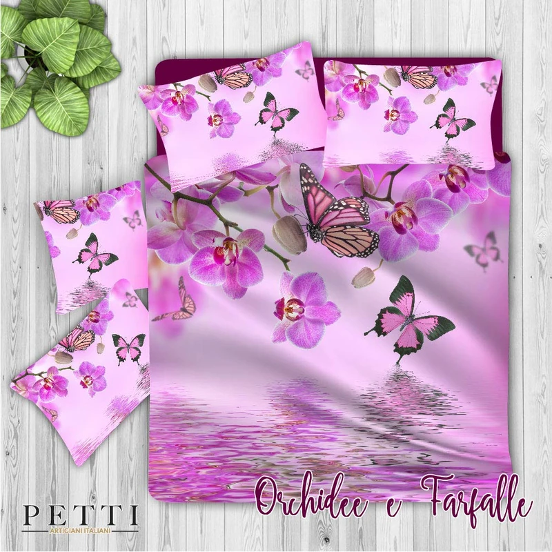 PETTI Artigiani Italiani Duvet Cover, Bedding Set, Satin, 100% Made in Italy, Orchids and Butterflies, Double (200x200 cm)