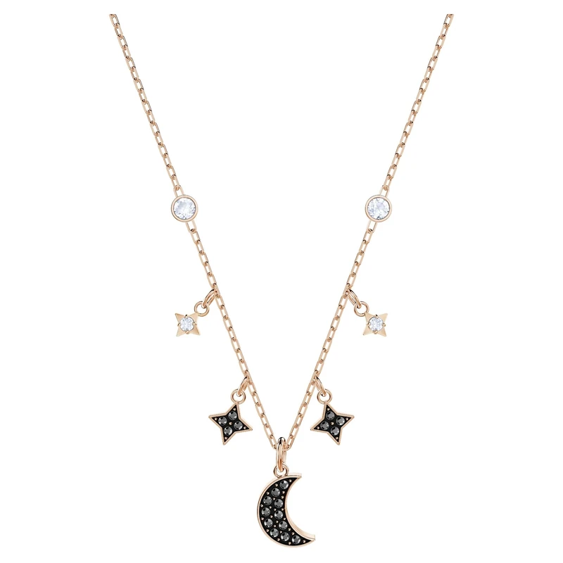 Swarovski Symbolic necklace, Moon and star, Black, Rose-gold tone plated