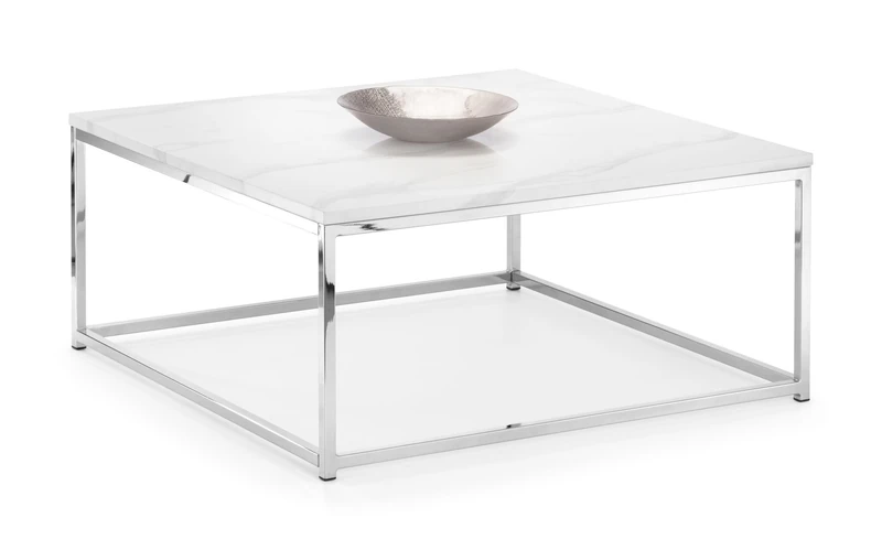 Julian Bowen Scala Coffee Table, White Marble Effect, Chrome, Height: 40, Width: 90, Depth: 90cm