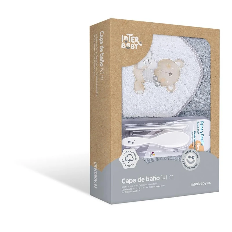 Interbaby P1177-31 Baby Hooded Bath Towel Love You Grey with Comb and Brush