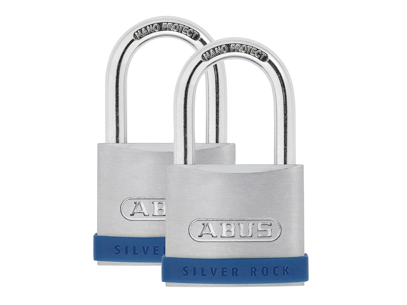 ABUS Silver Rock 5/50 Padlock Made of Solid zinc - Set of 2 - with Silicone Protective Frame - Basement Lock and Much More - ABUS Security Level 7 - Blue/Silver