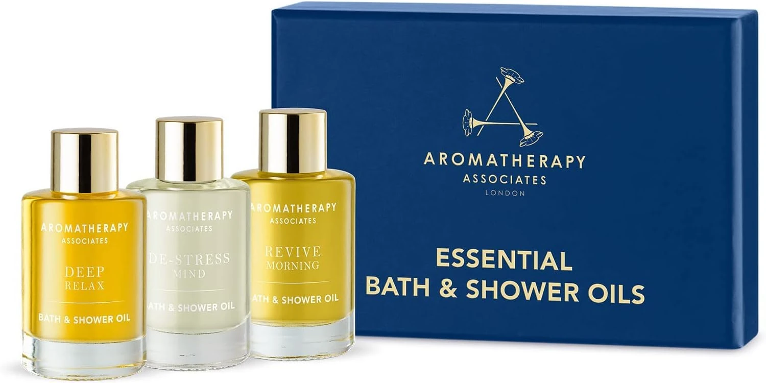 Aromatherapy Associates Essential Bath & Shower Oil Gift Collection (3 Count of 9ml) containing Deep Relax, De-Stress Muscle, Revive Morning, Hand Crafted Natural Blend