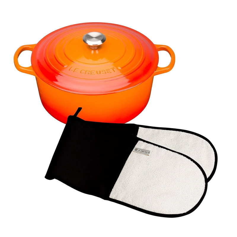 Le Creuset Signature Cast Iron Round Casserole, 22 cm, Volcanic and Textiles Double Oven Glove, Black