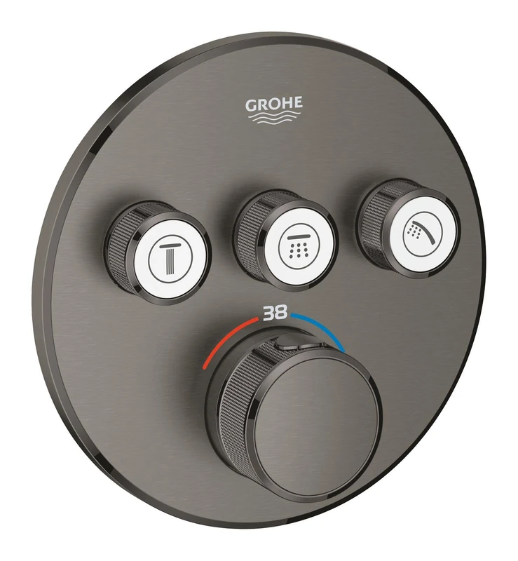 GROHE Grohtherm SmartControl Thermostat for Shower or Bath (Final Installation for Rapido SmartBox, 3 Valves, Push for ON-Off, Turn for Water Adjustment, Round Shape), Brushed Anthracite, 29121AL0