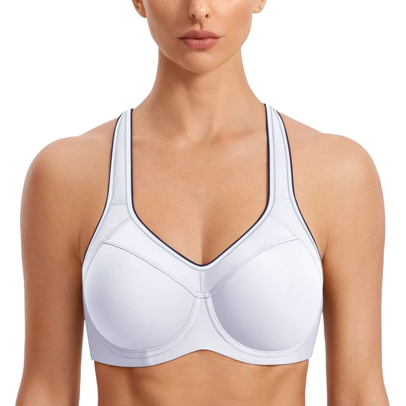 SYROKAN Women's High Impact Sports Bra Underwire Full Support Racerback Padded Running Bra White 36D