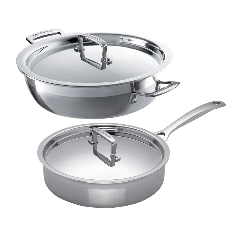 Le Creuset 3-Ply Stainless Steel Saute Pan with Lid, 24 cm and Shallow Casserole, 30 cm