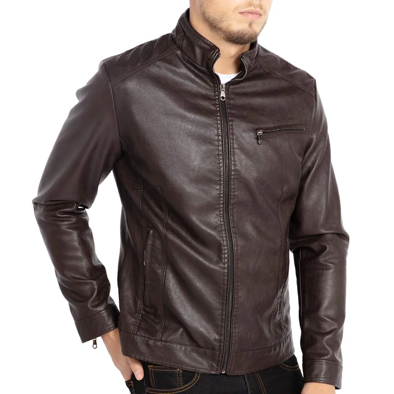 WULFUL Men's Stand Collar Leather Jacket Motorcycle Lightweight Faux Leather Outwear, Coffee, Large