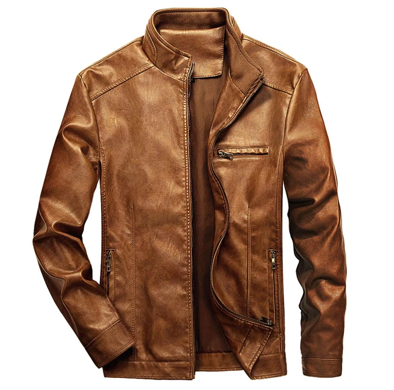 WULFUL Men's Stand Collar Leather Jacket Motorcycle Lightweight Faux Leather Outwear - brown - Large - Image 1