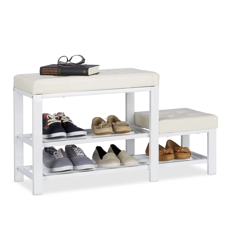 Relaxdays Shoe Bench with Footstool, Comfortable Seat Padding, 2 Tiers, Shoe Rack for Kids, HWD: 50 x 90 x 20 cm, White