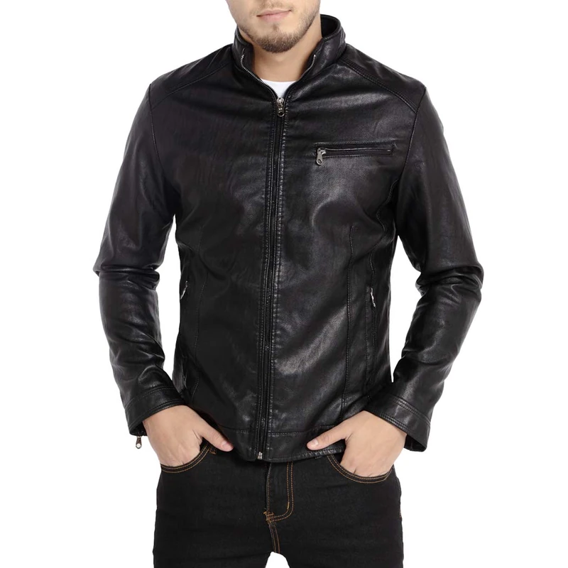 WULFUL Men's Stand Collar Leather Jacket Motorcycle Lightweight Faux Leather Outwear - black - Medium - Image 1