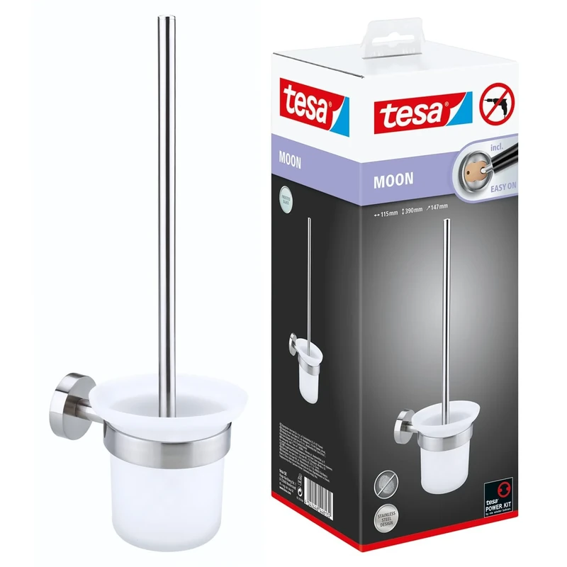 tesa MOON Toilet Brush Set - No Drill Toilet Brush With Frosted Glass Container - Includes Removable Glue Solution
